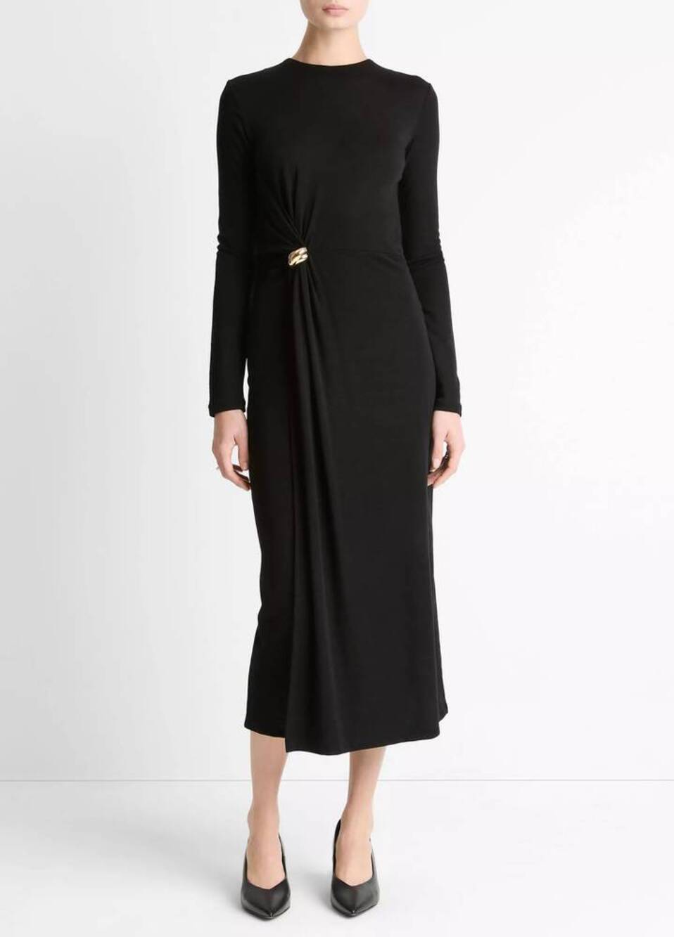 Vince Cinched Waist Wool Blend Long Sleeve Midi Dress Black S NWT Quiet Luxury